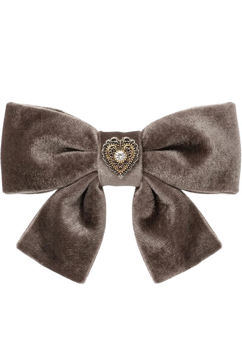 Damen Haarspange mit Samtschleife und Herz - taupe braun