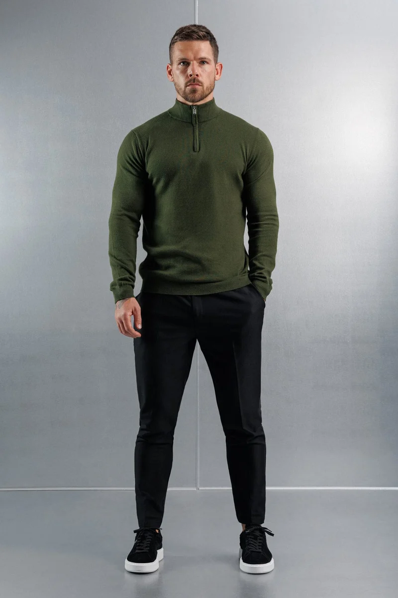 KNIT QUARTER ZIP SWEATER - DARK OLIVE