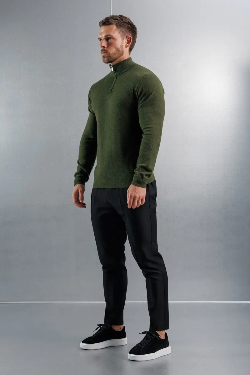 KNIT QUARTER ZIP SWEATER - DARK OLIVE