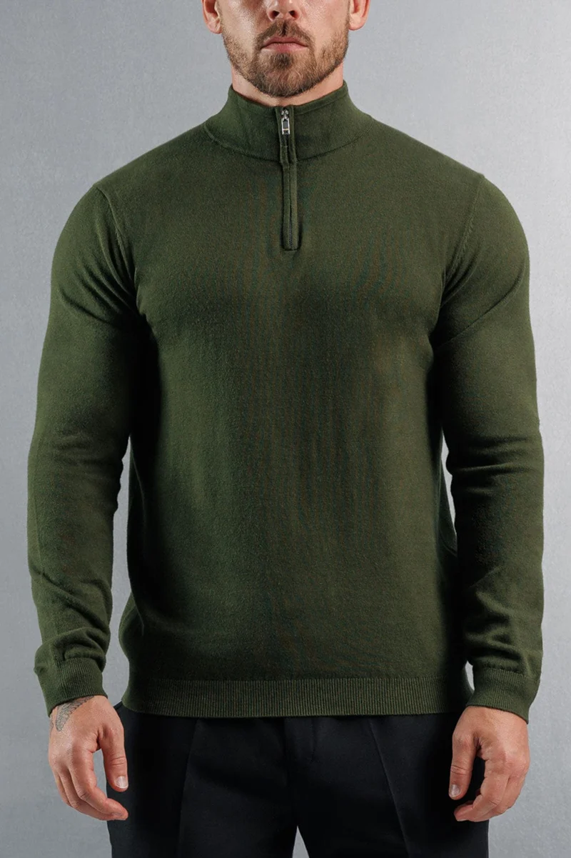 KNIT QUARTER ZIP SWEATER - DARK OLIVE