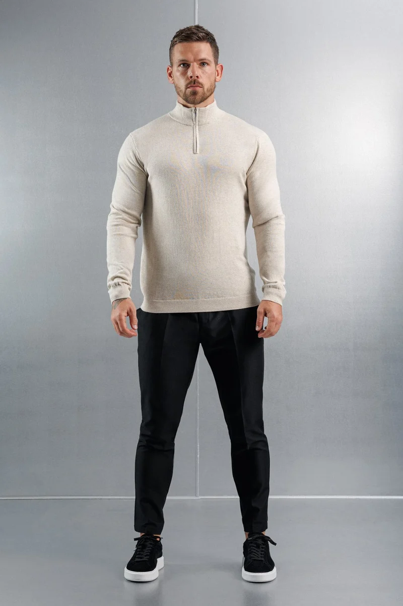 KNIT QUARTER ZIP SWEATER - STONE