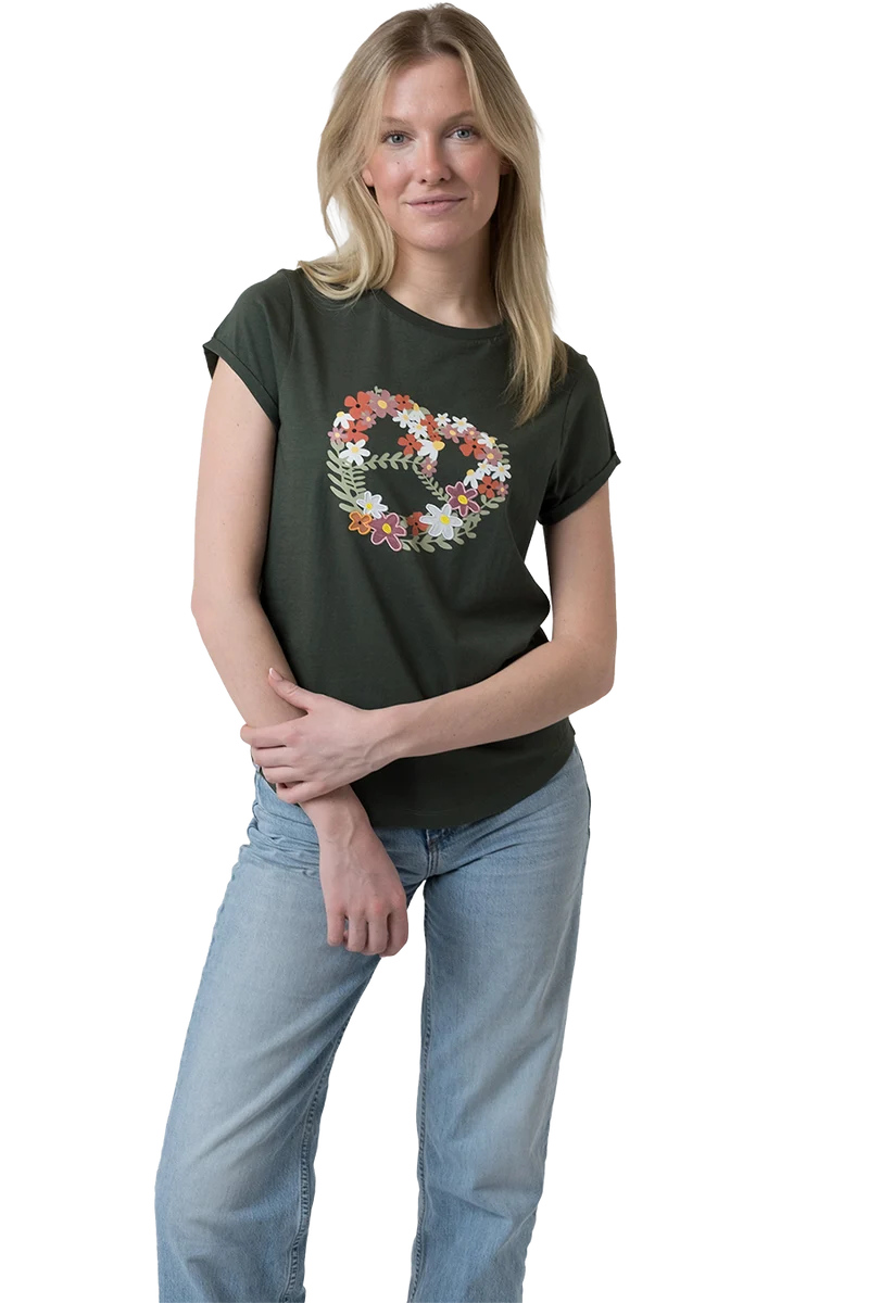 Damen T-Shirt mit floralem Brezenmotiv - tannengrün