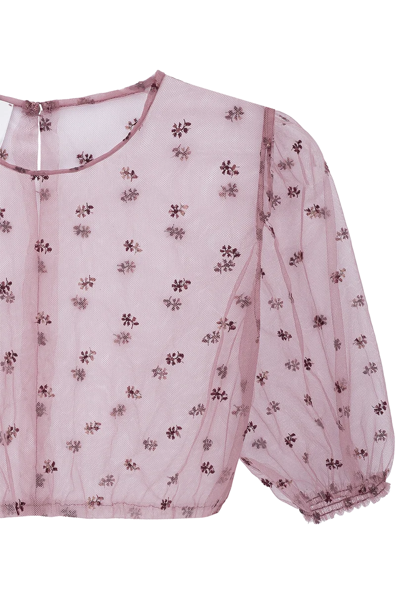 Transparente Tüll-Dirndlbluse bestickt - aubergine