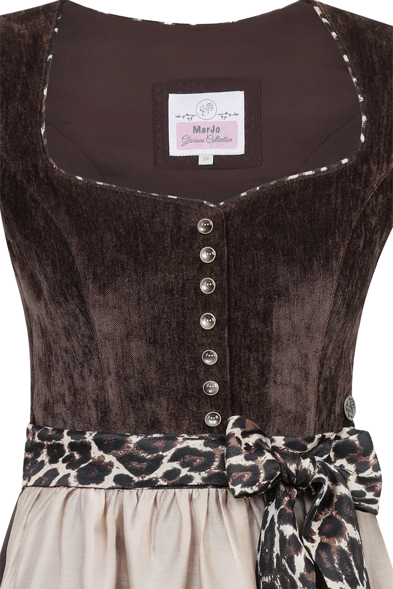 Samtdirndl 70cm mit abnehmbaren Flügelärmeln und Leoschürzenband- espresso