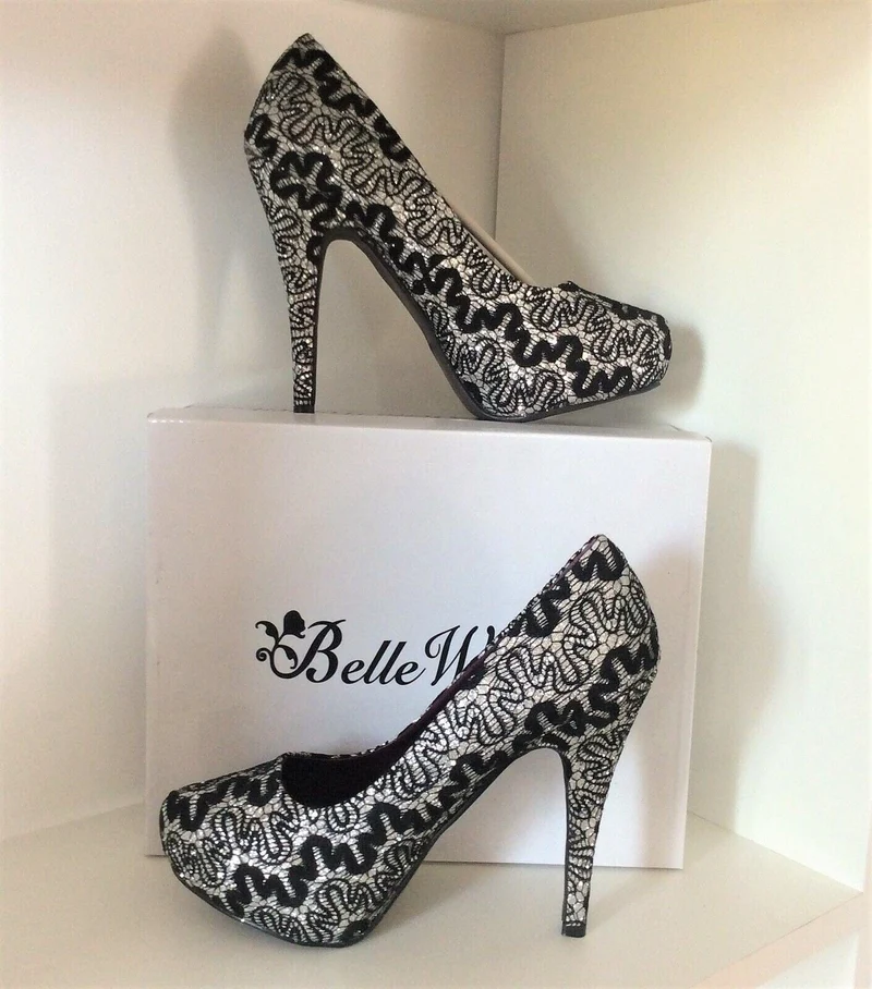 Pumps, Stiletto Schuhe, Spitze, schwarz silber