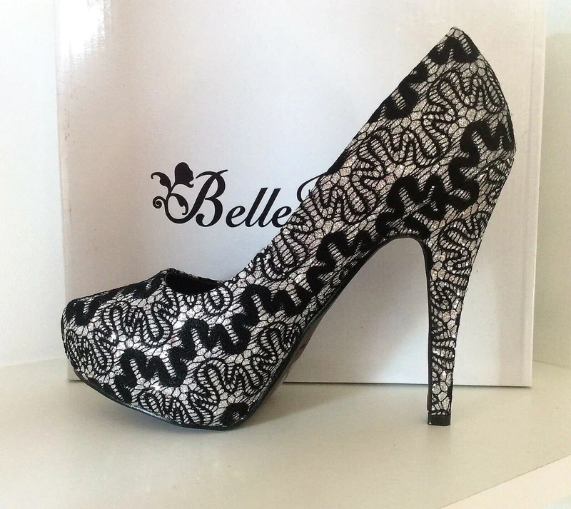 Pumps, Stiletto Schuhe, Spitze, schwarz silber