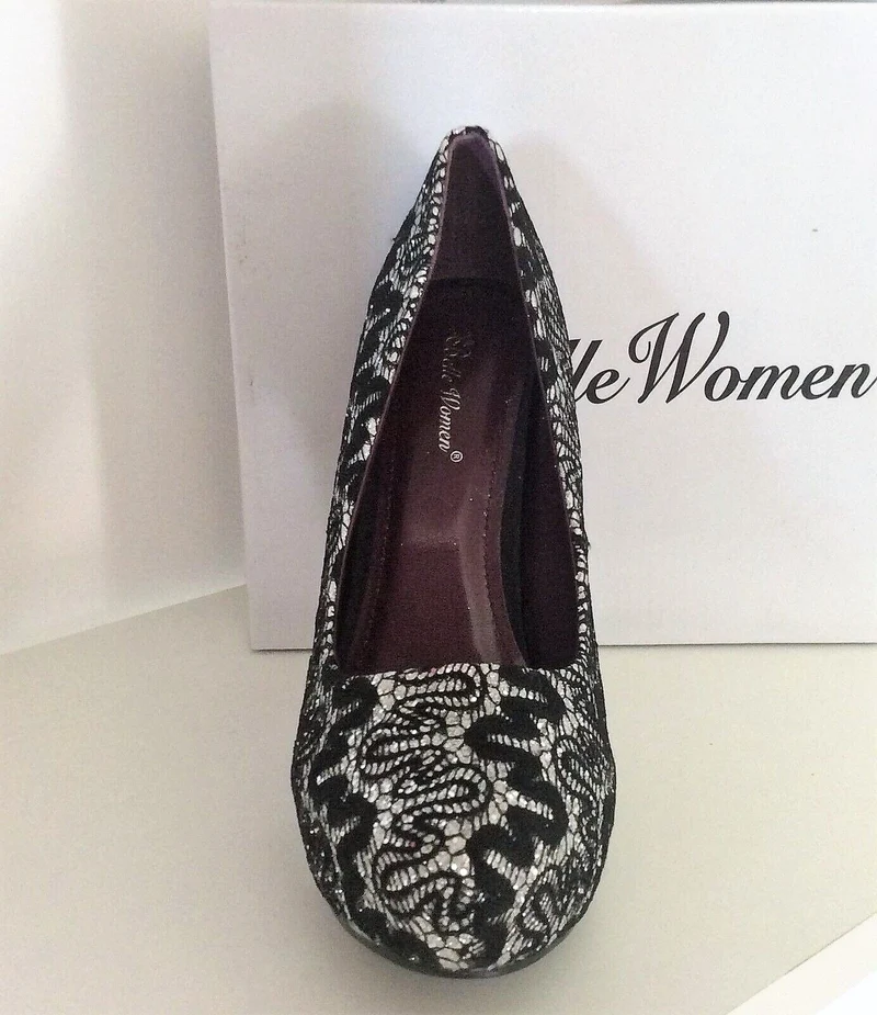 Pumps, Stiletto Schuhe, Spitze, schwarz silber