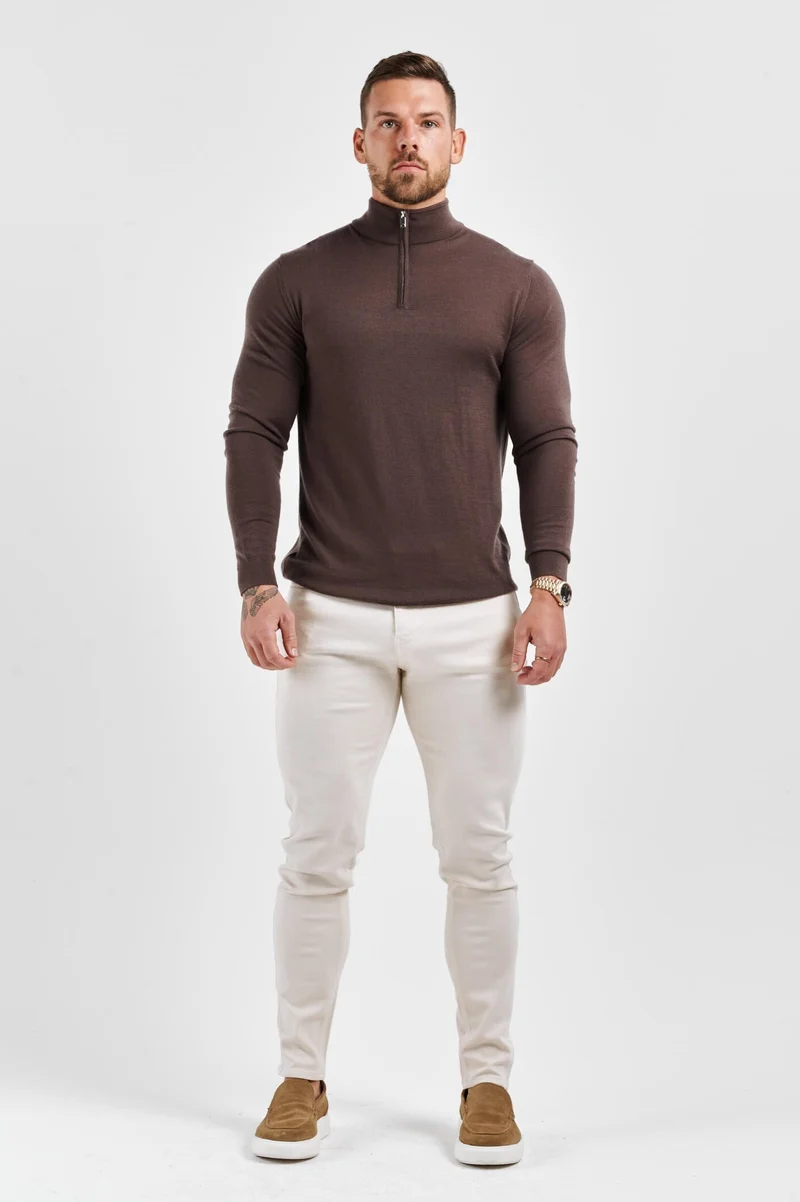 KNIT QUARTER ZIP SWEATER - BROWN