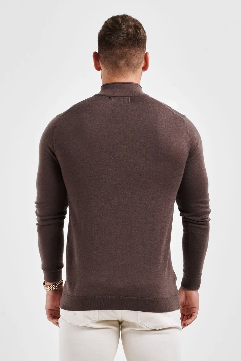 KNIT QUARTER ZIP SWEATER - BROWN