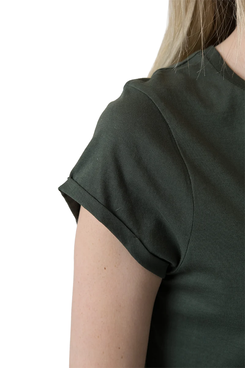 Damen T-Shirt mit Blumenbrezen-Druck - tannengrün