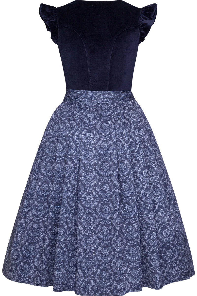 Baumwolldirndl Midi mit Samtmieder und Flügelärmel - marine