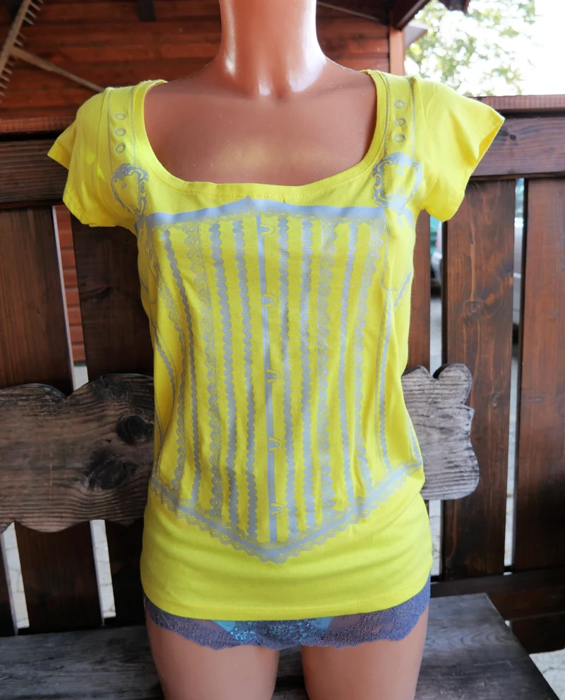 Trachtenshirt, gelb, Mieder Aufdruck, Print, Gr. S (34/36)