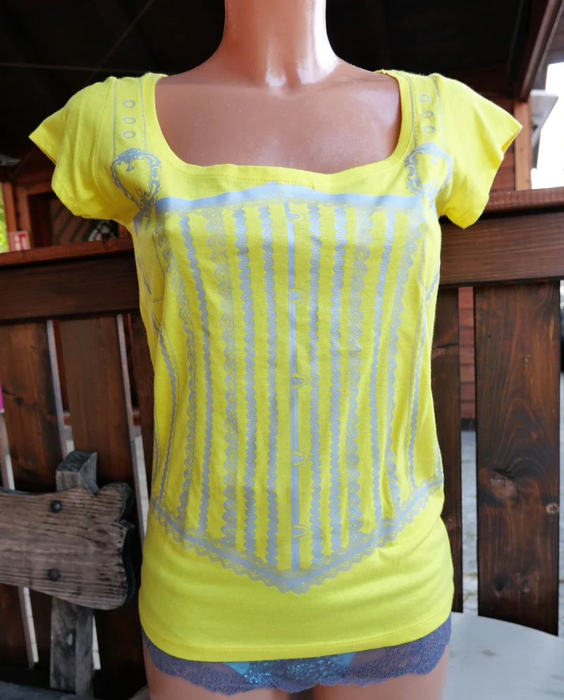 Trachtenshirt, gelb, Mieder Aufdruck, Print, Gr. S (34/36)