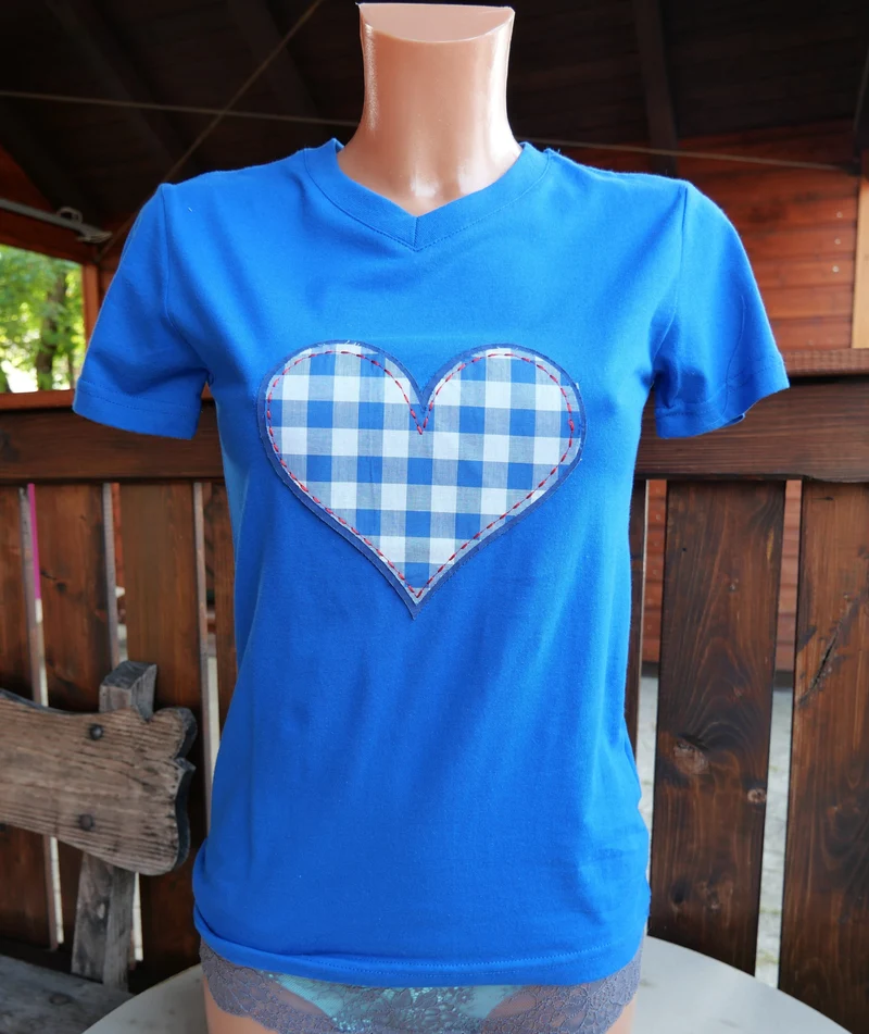 Trachtenshirt, Tu Felix Austria, Blau, Herz, kariert