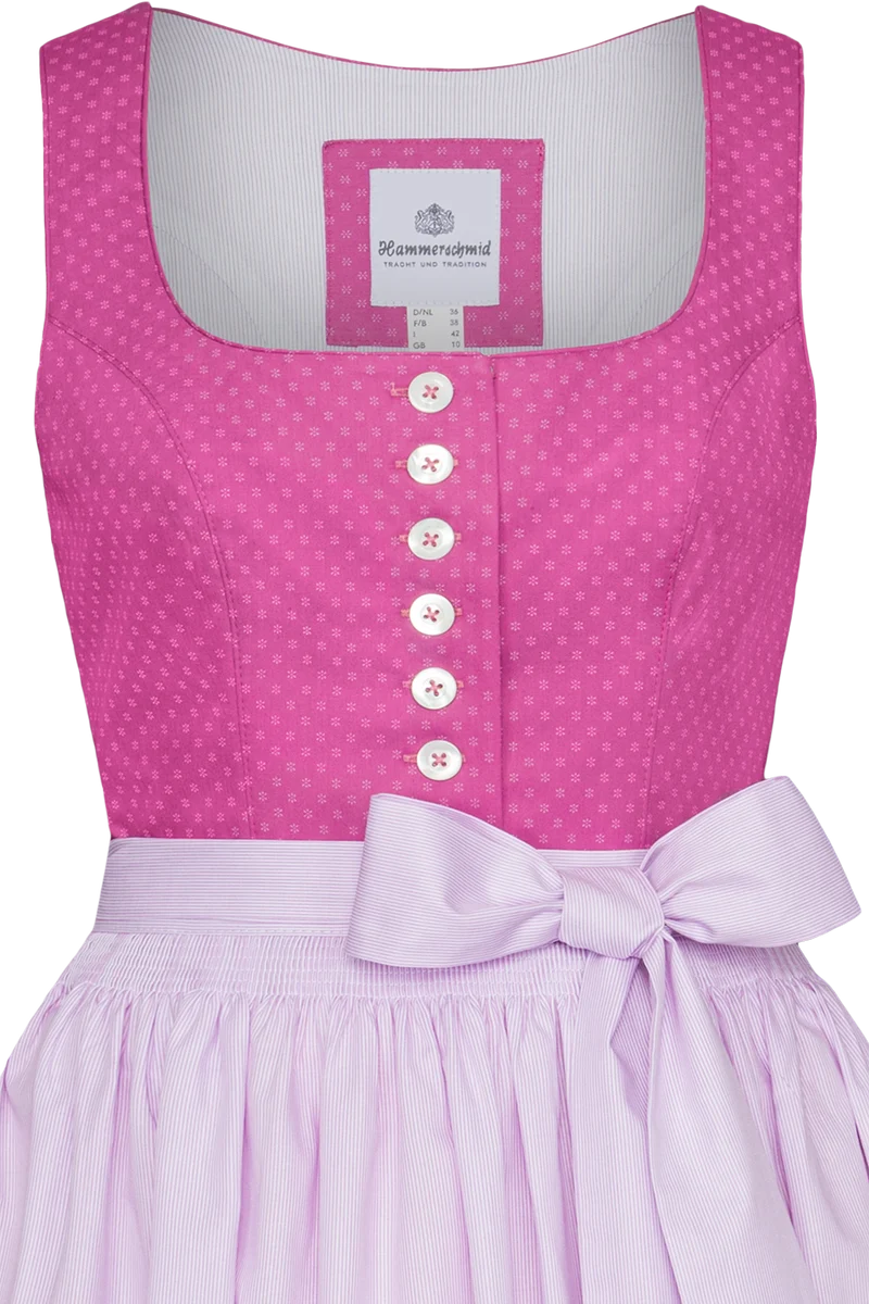 Langes Baumwolldirndl mit Perlmuttknöpfen - rosa gemustert