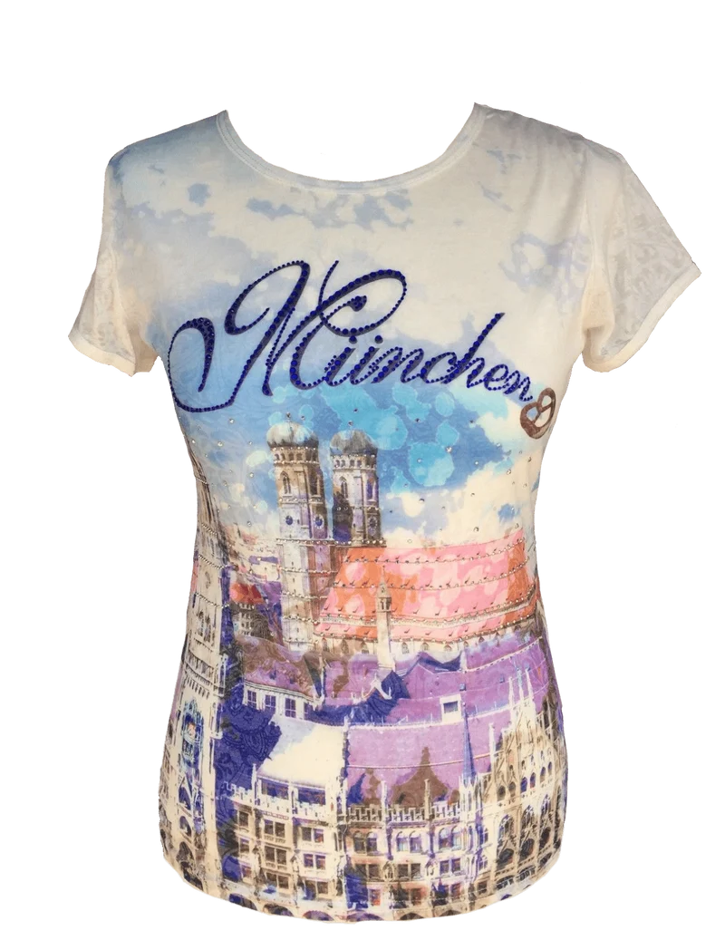 Trachtenshirt, München, Flammgarn, ecru, bunt Stadt