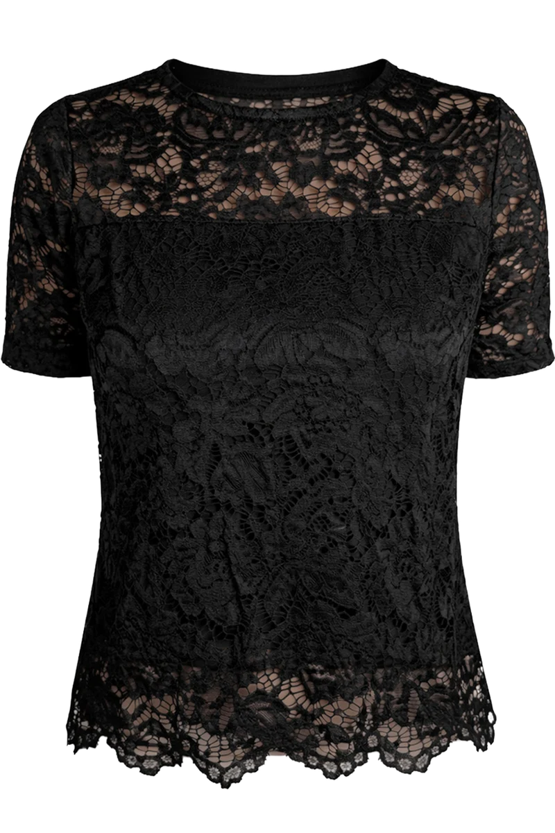 Damen Trachtenshirt mit floraler Spitze - schwarz