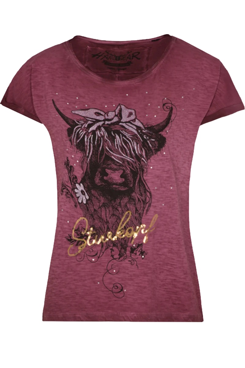 Damen T-Shirt mit Kuhmotiv und Paillettenschriftzug