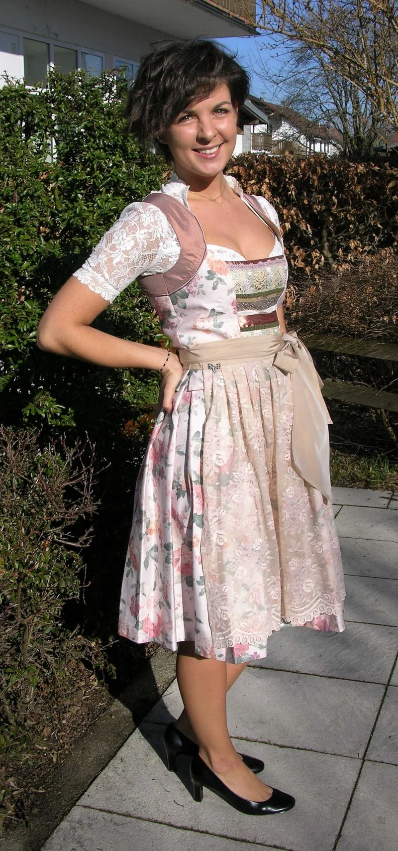 Dirndl 3-Teiler, CocoVero, beige, rosé, natur, Seide, Midi 60cm