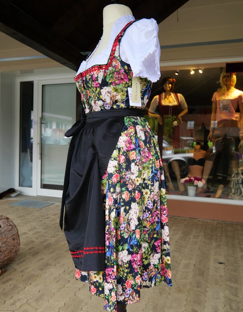Dirndl Kaiseralm, Sommer, floral, bunt, schwarz, Midi 60 cm