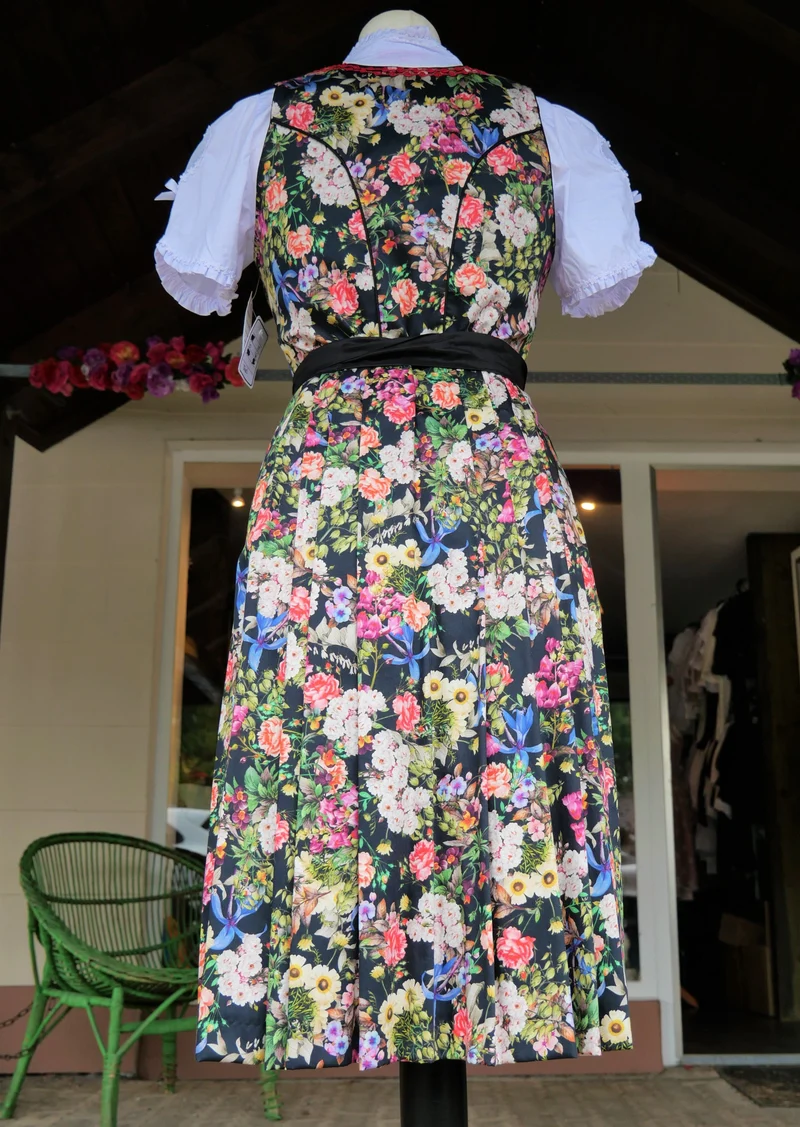 Dirndl Kaiseralm, Sommer, floral, bunt, schwarz, Midi 60 cm