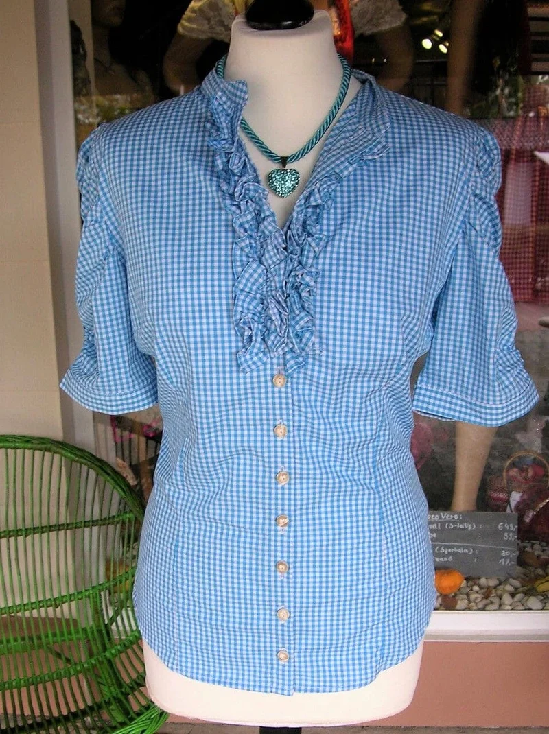 Trachten Bluse, Trachtenbluse, Almsach, kariert türkis blau, halbarm