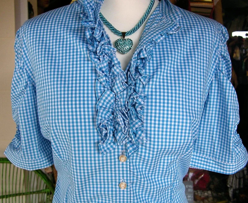 Trachten Bluse, Trachtenbluse, Almsach, kariert türkis blau, halbarm
