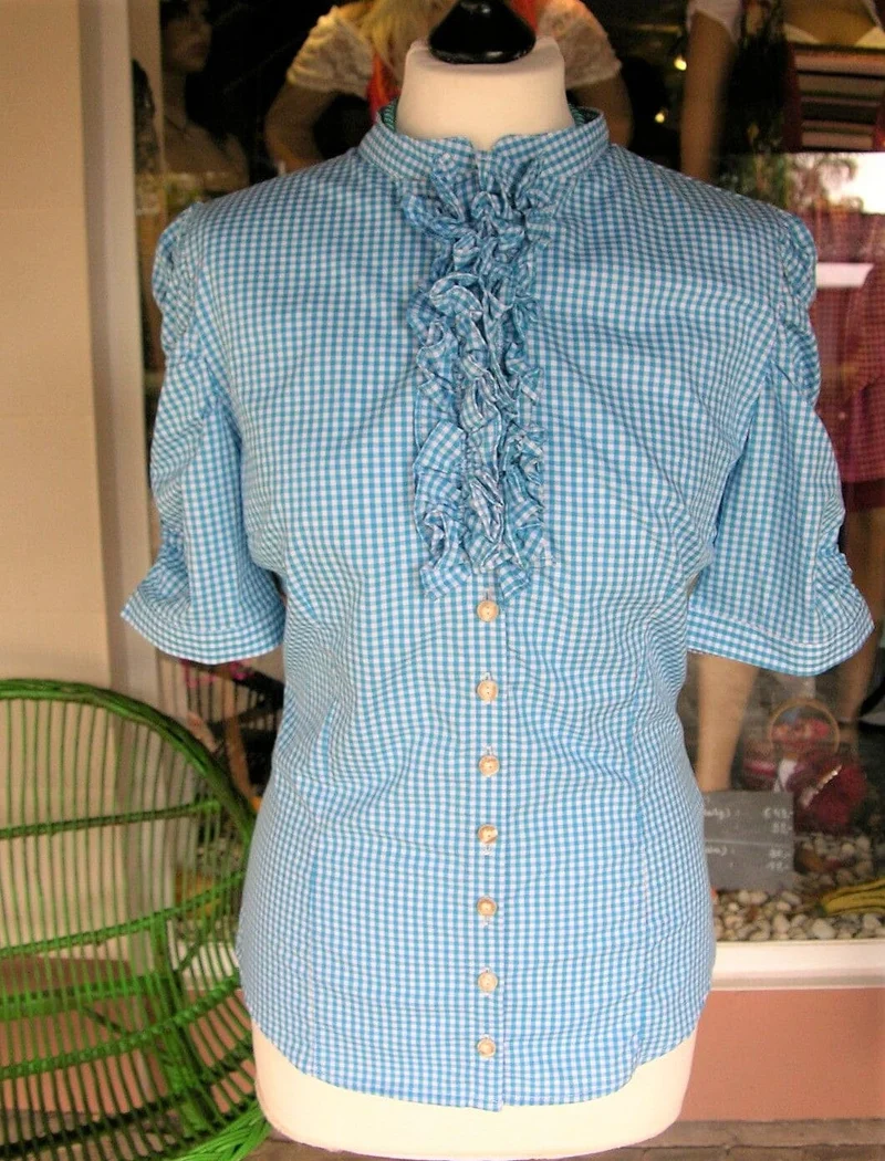 Trachten Bluse, Trachtenbluse, Almsach, kariert türkis blau, halbarm