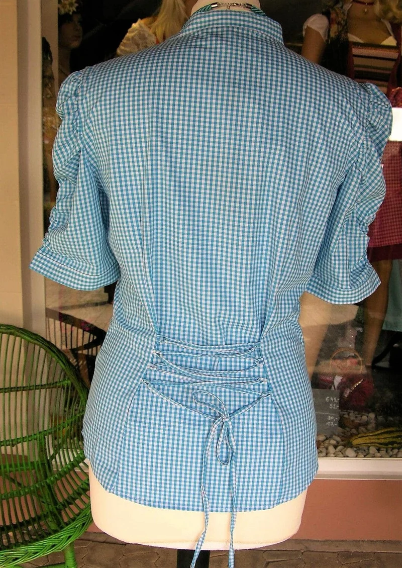 Trachten Bluse, Trachtenbluse, Almsach, kariert türkis blau, halbarm