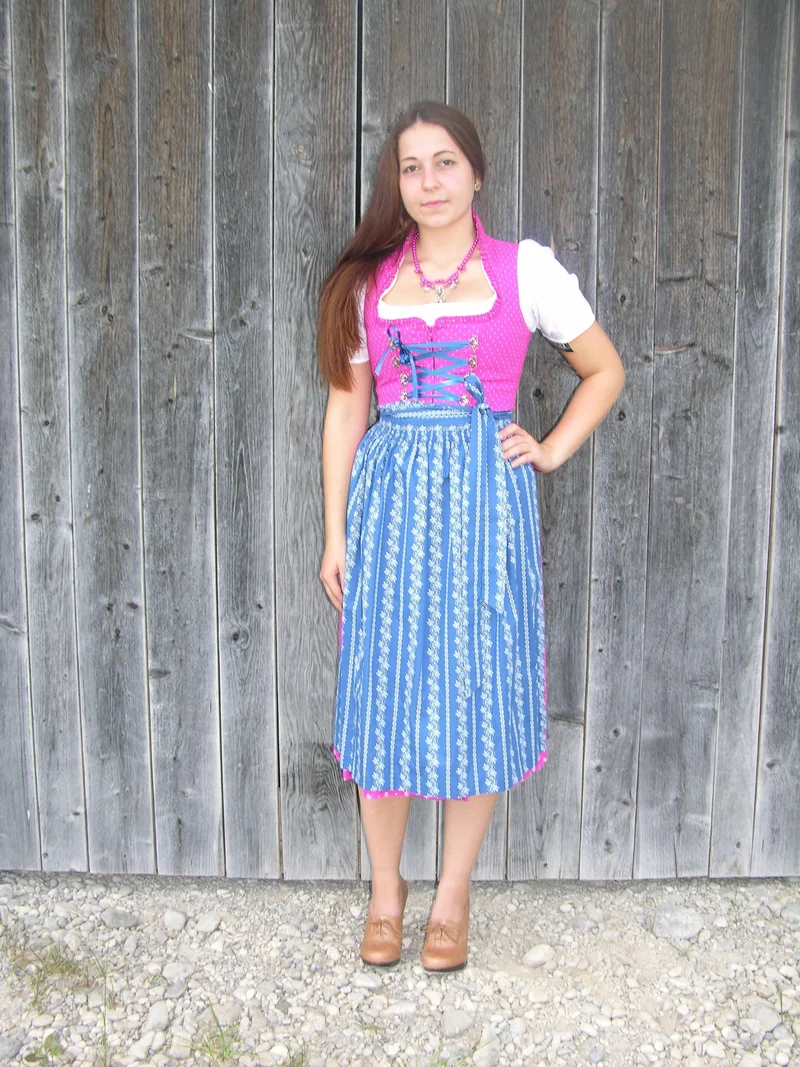 Dirndl Wenger pink, blau, Schneewittchen Midi 70 cm, Gr. 44