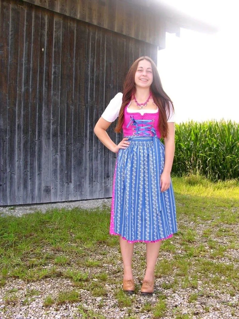 Dirndl Wenger pink, blau, Schneewittchen Midi 70 cm, Gr. 44