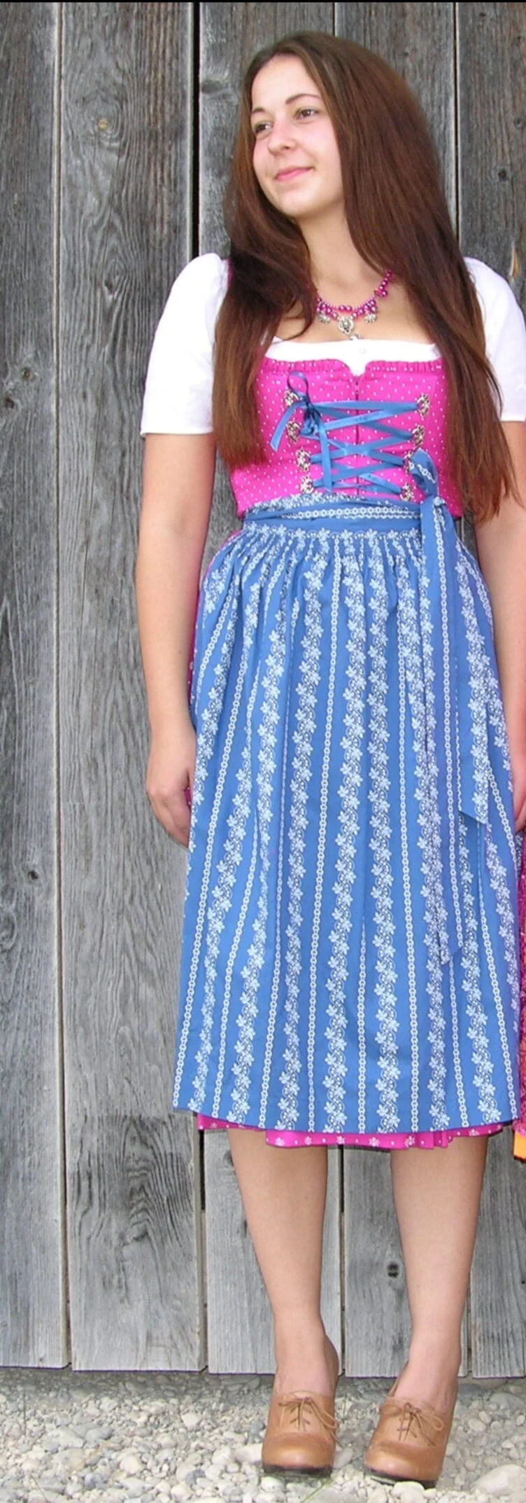 Dirndl Wenger pink, blau, Schneewittchen Midi 70 cm, Gr. 44