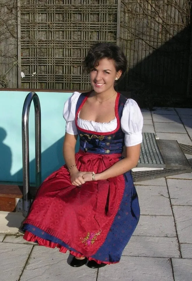 Dirndl Trentini, Josefine, blau rot, Midi 70 cm, Miederschnürung, Gr. 34