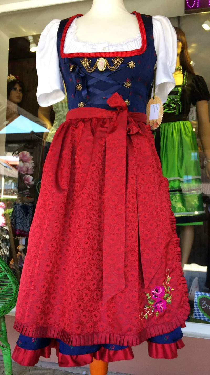 Dirndl Trentini, Josefine, blau rot, Midi 70 cm, Miederschnürung, Gr. 34