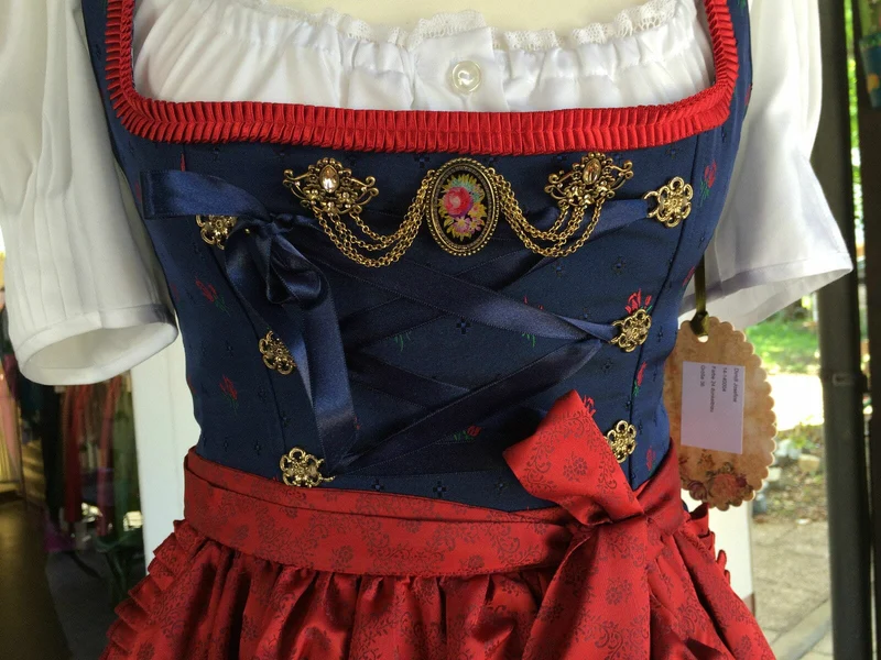 Dirndl Trentini, Josefine, blau rot, Midi 70 cm, Miederschnürung, Gr. 34