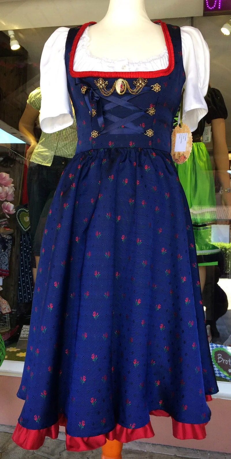 Dirndl Trentini, Josefine, blau rot, Midi 70 cm, Miederschnürung, Gr. 34