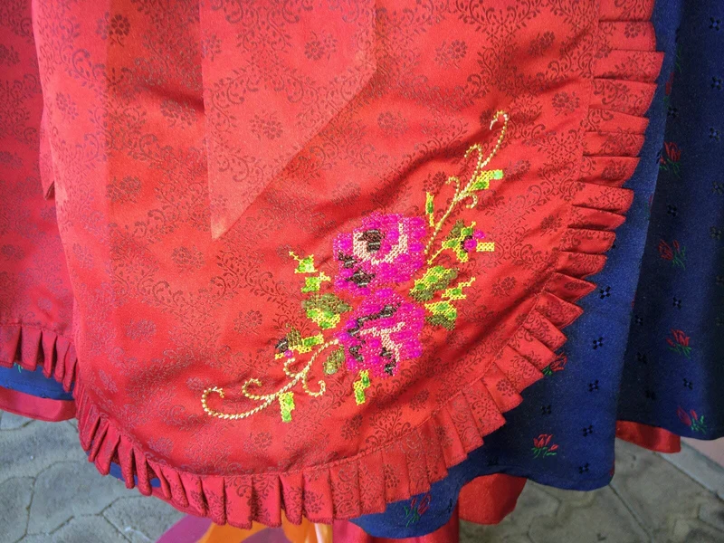 Dirndl Trentini, Josefine, blau rot, Midi 70 cm, Miederschnürung, Gr. 34
