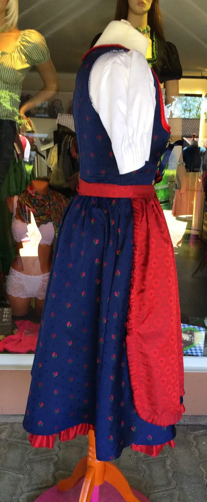 Dirndl Trentini, Josefine, blau rot, Midi 70 cm, Miederschnürung, Gr. 34