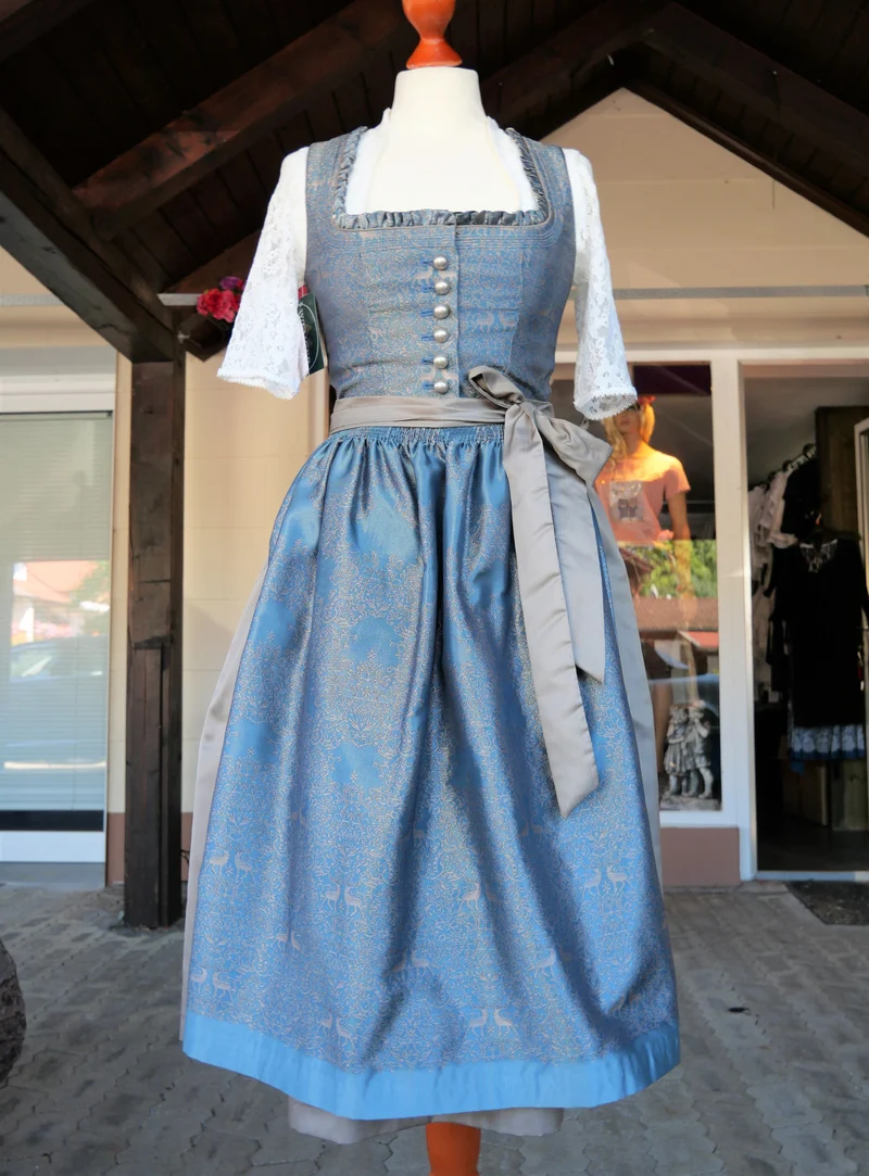 Dirndl Kleid Wenger aqua, taupe, gold Midi 70 cm, Gr. 34
