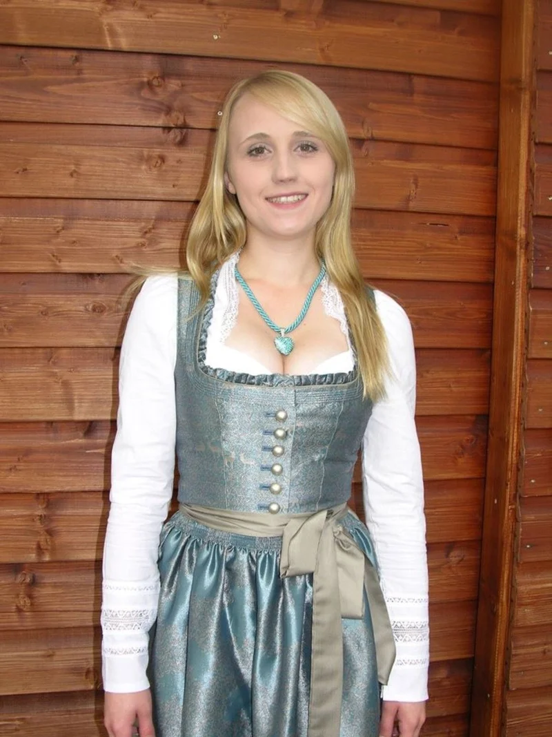 Dirndl Kleid Wenger aqua, taupe, gold Midi 70 cm, Gr. 34