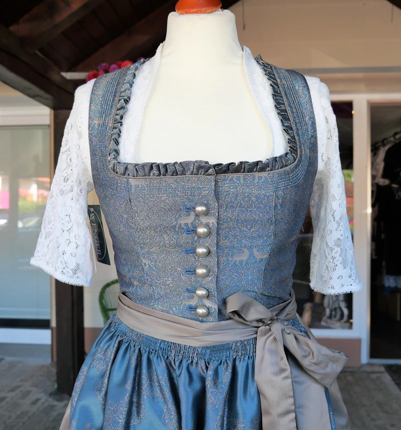 Dirndl Kleid Wenger aqua, taupe, gold Midi 70 cm, Gr. 34