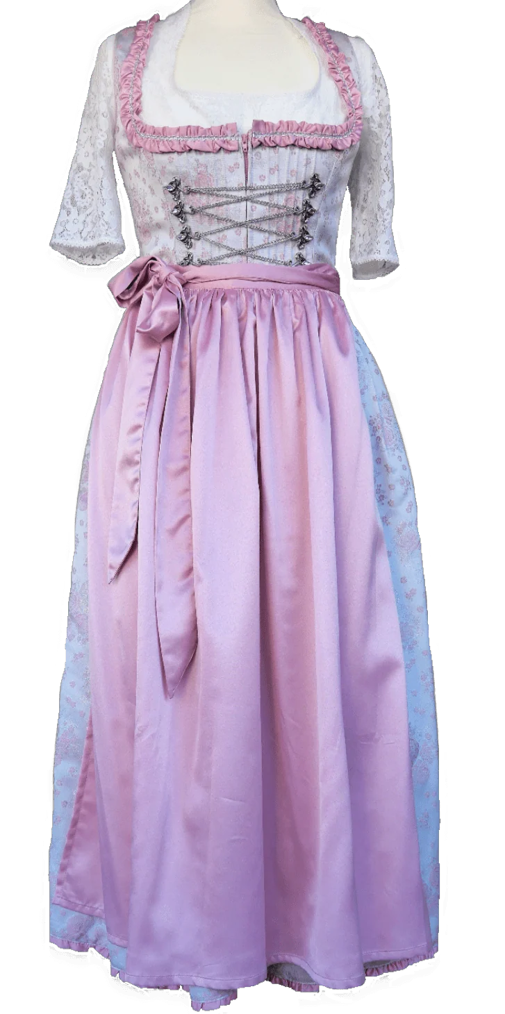 Dirndl Melega, Amidala, Brautdirndl, weiß, rosa, Spitze, Maxi 80 cm, Gr. 34