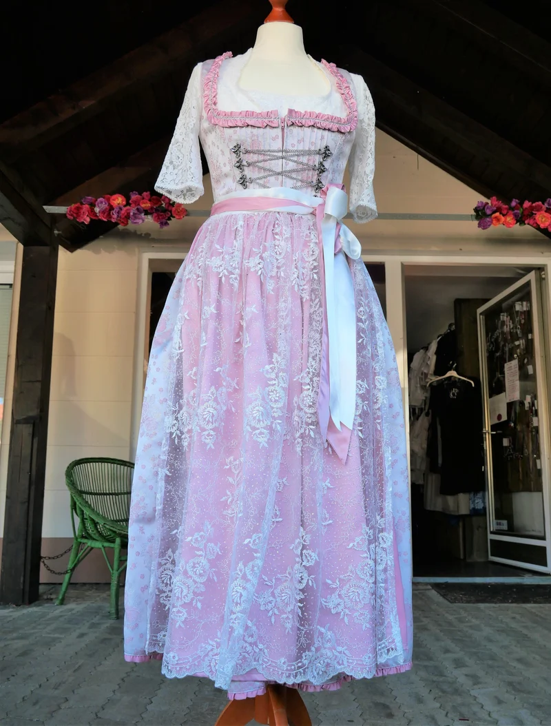 Dirndl Melega, Amidala, Brautdirndl, weiß, rosa, Spitze, Maxi 80 cm, Gr. 34