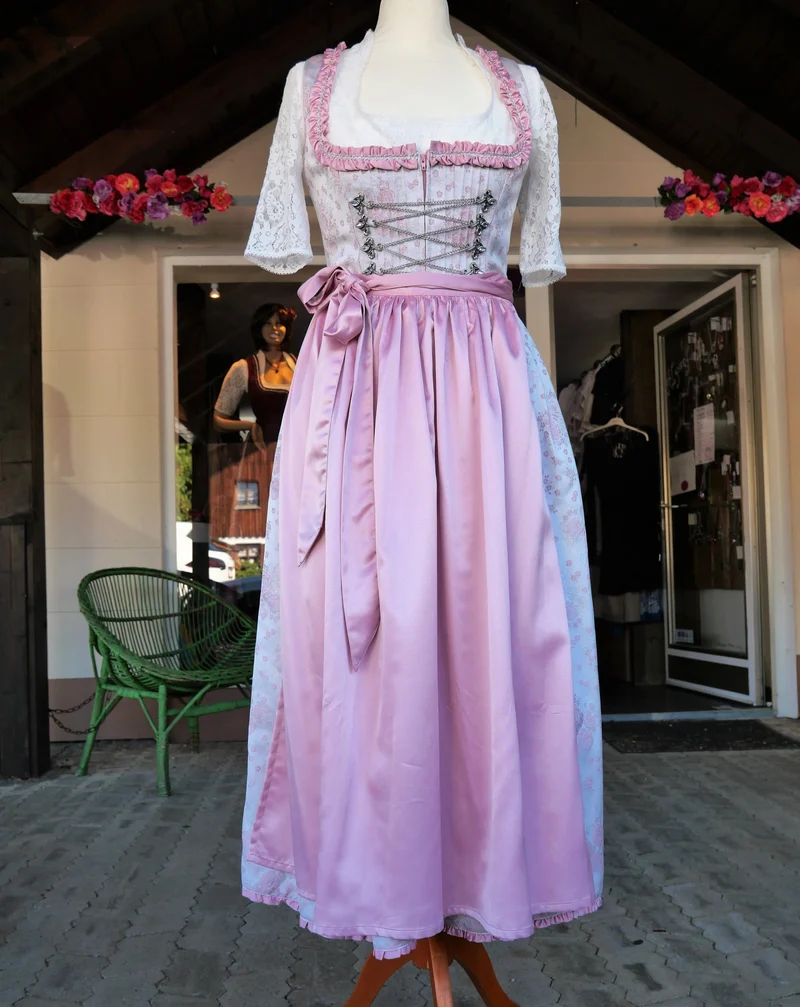 Dirndl Melega, Amidala, Brautdirndl, weiß, rosa, Spitze, Maxi 80 cm, Gr. 34