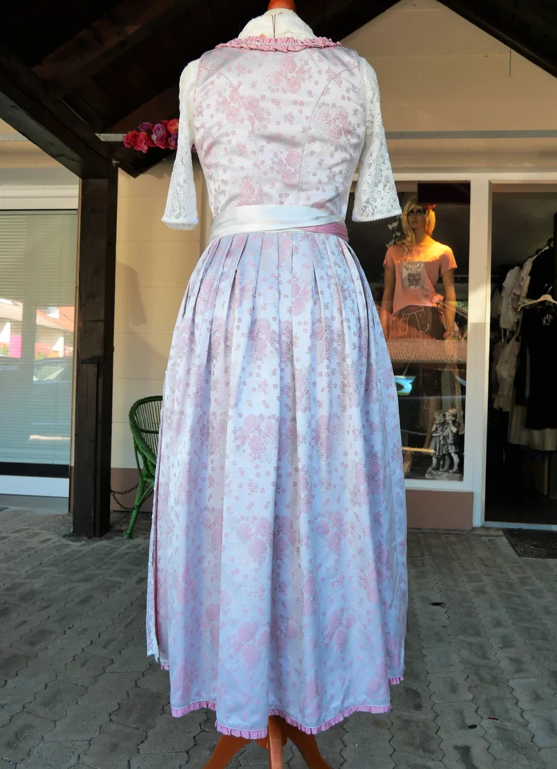 Dirndl Melega, Amidala, Brautdirndl, weiß, rosa, Spitze, Maxi 80 cm, Gr. 34