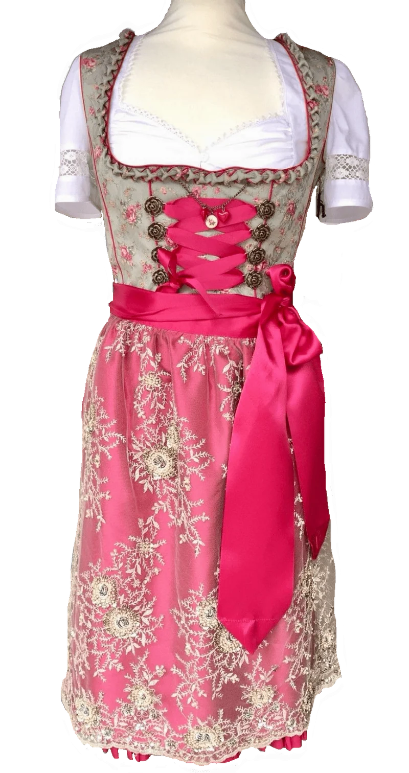 Dirndl Gwandlalm, Baumwolle, grau, beere, Spitze, Midi 70 cm, Gr. 42