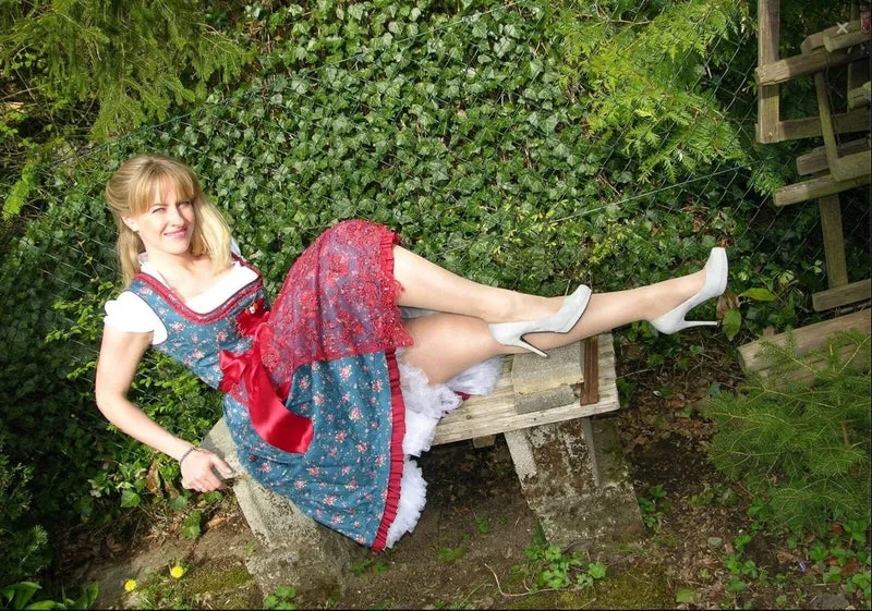 Dirndl Gwandlalm, Baumwolle, blau, rot, Spitze, Midi 60 cm