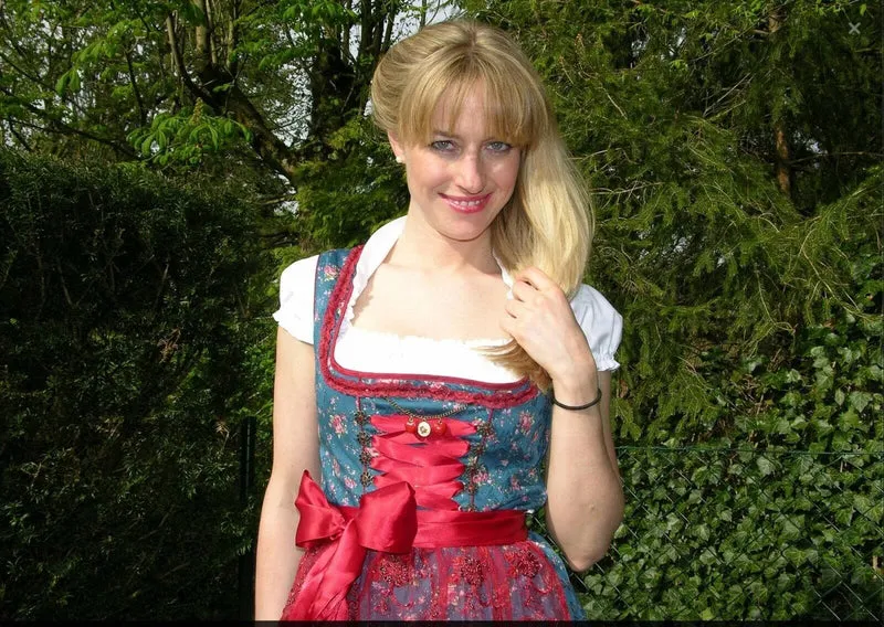 Dirndl Gwandlalm, Baumwolle, blau, rot, Spitze, Midi 60 cm