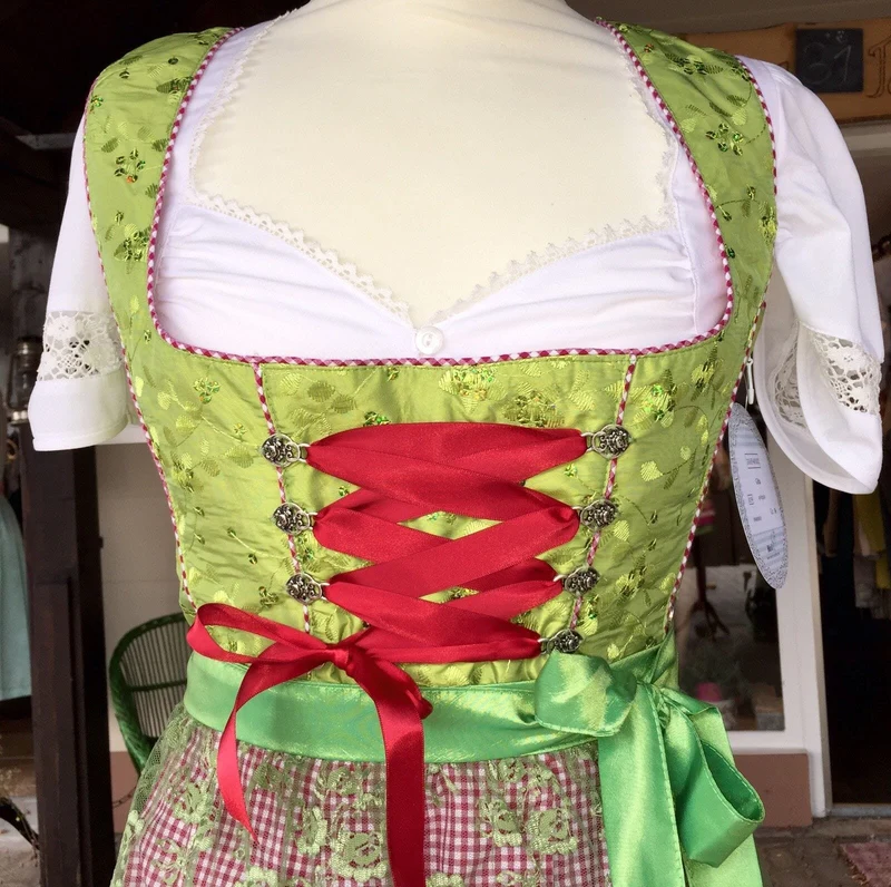Dirndl Marjo, Gitta, apfel, rot, grün, Spitze, Midi 55 cm