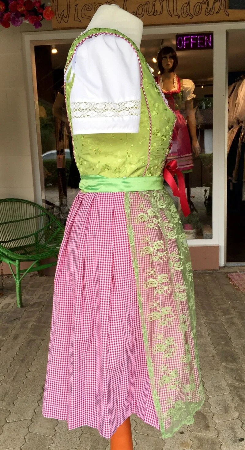 Dirndl Marjo, Gitta, apfel, rot, grün, Spitze, Midi 55 cm